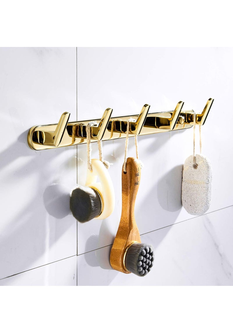 5-Hook Coat Rack Rail Gold Polished Bathroom Towel Shelf Kitchen Hook Robe Hanger With 5 Fixed Hooks Solid Hand towel Space Saving Towels Holder Heavy Duty Wall Mount Stainless Steel - Image 5